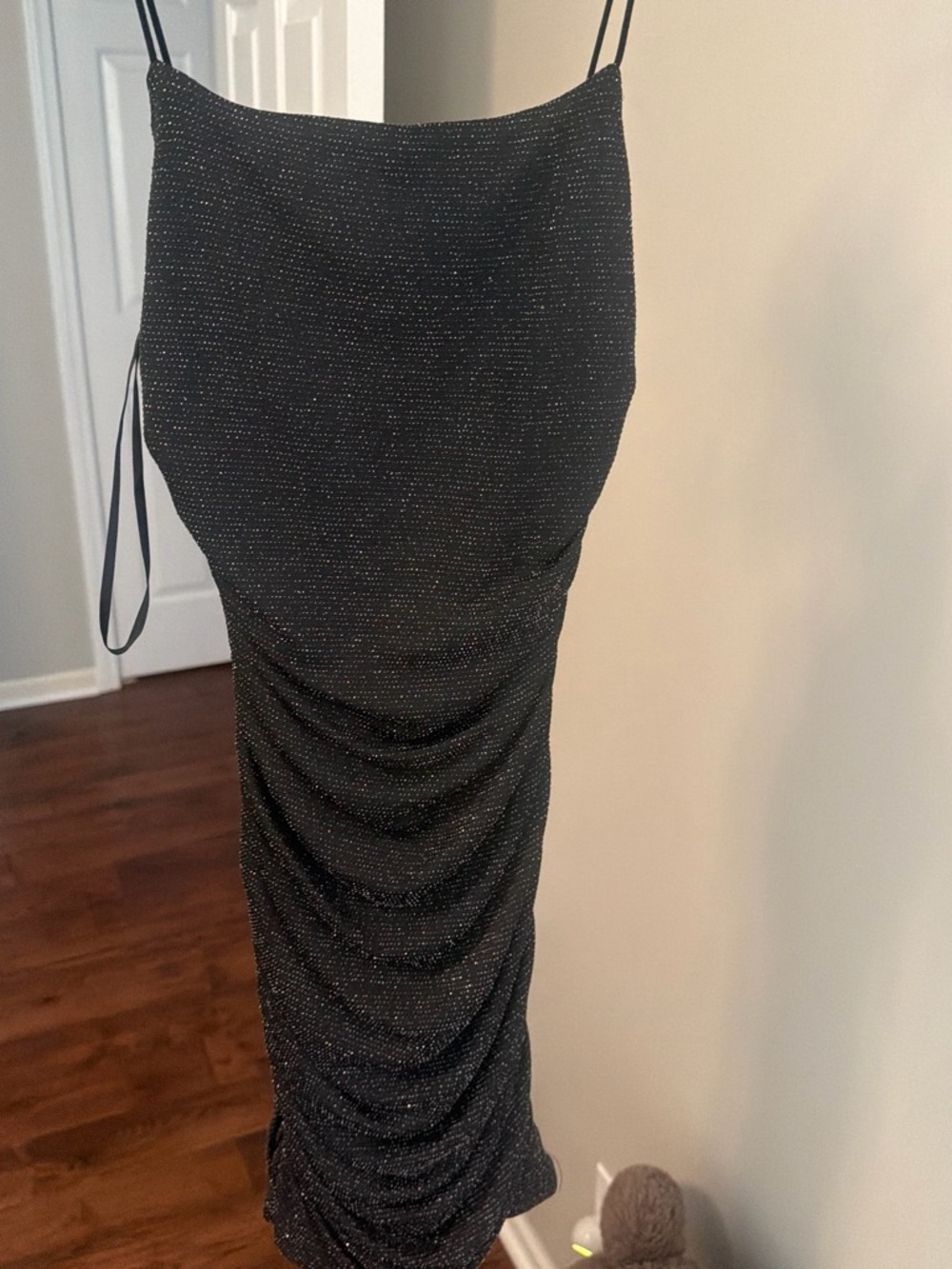 Princess Polly Black Sparkle Ruched Slip Midi Dress